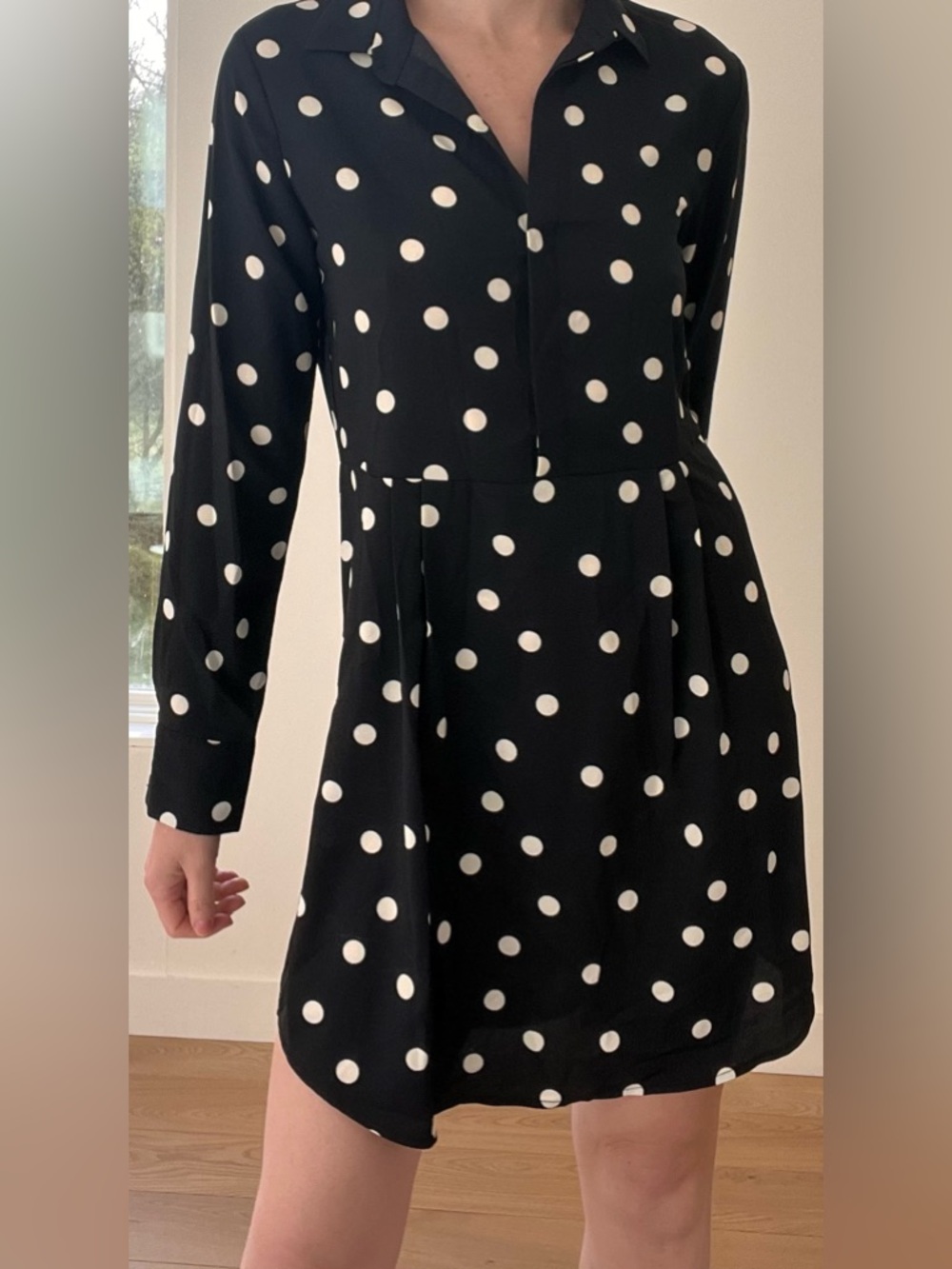 Mango Black Dress with White Polka Dots, Long Sleeve